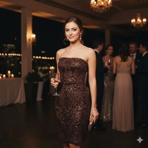 Brown Sequin Strapless Corset Lace Up Back Cocktail Dress size Medium